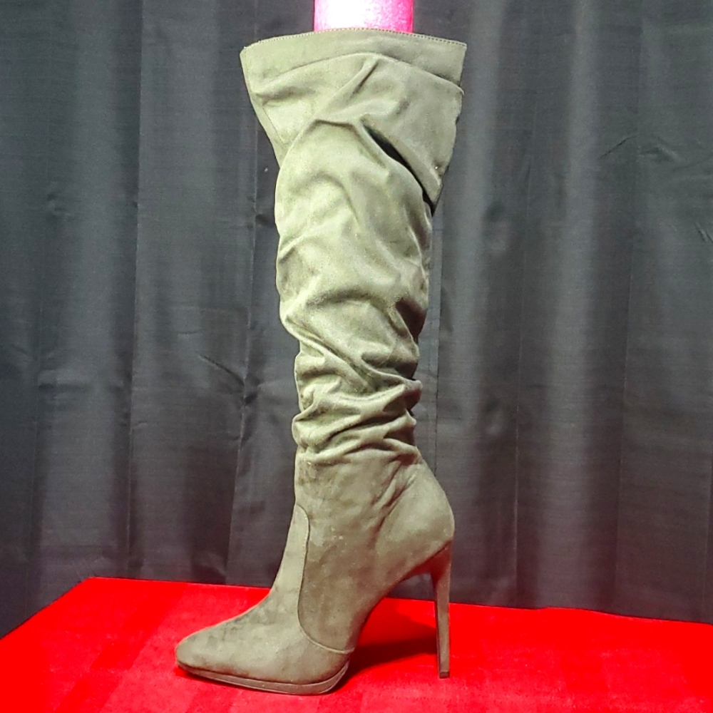 Tall, green slouch stilleto boots